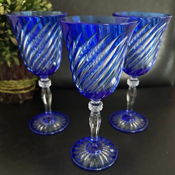 French Cristal D'Arques "Durand Valse" Cobalt Blue Swirl 7” Wine Crystal Glass - Picture 1 of 5